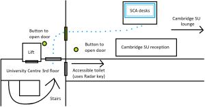 map showing how to get from the lift and stairs to the SCA office
